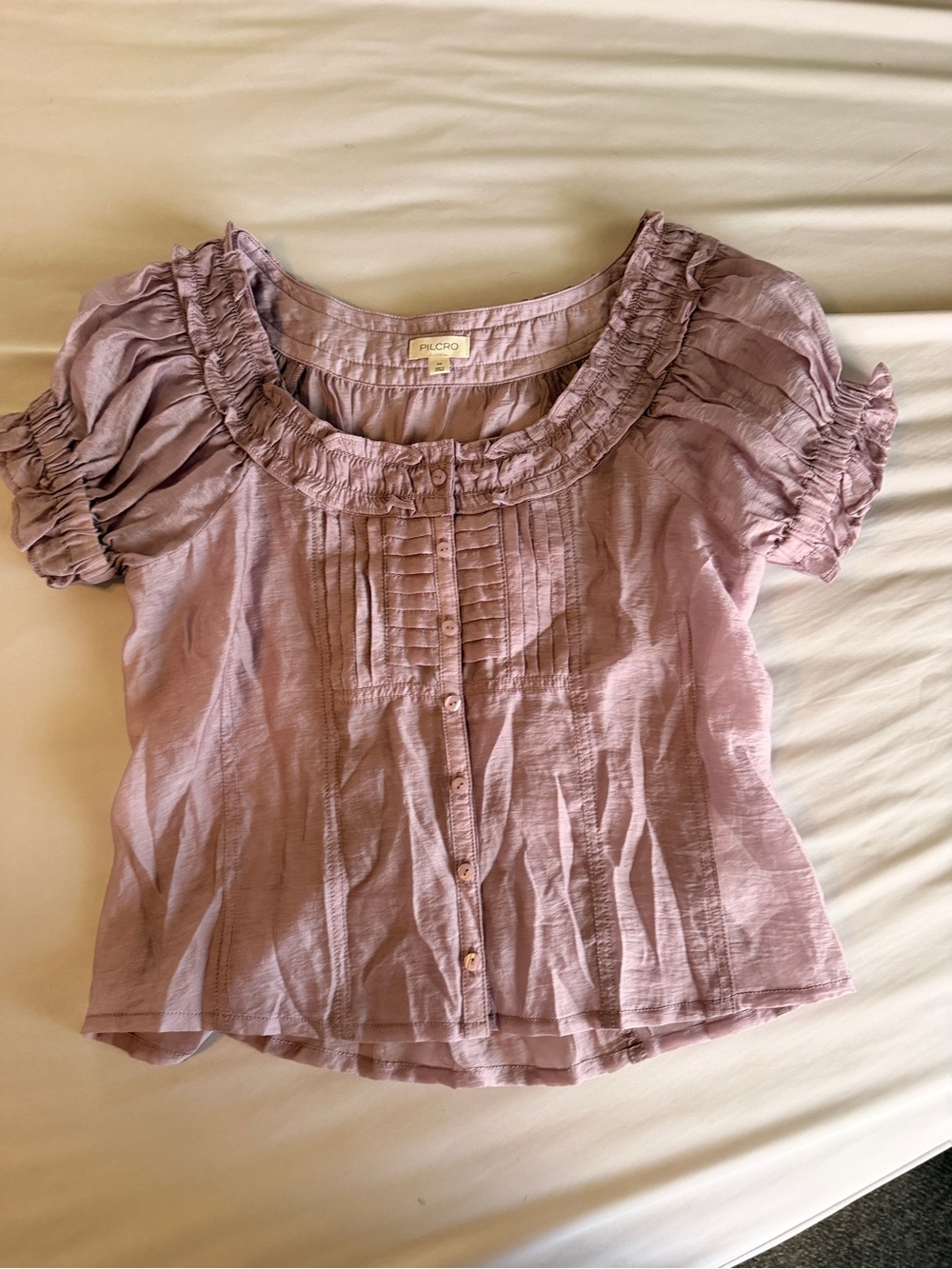 Pilcro Soft Lavender Ruffle-Neck Button Front Top